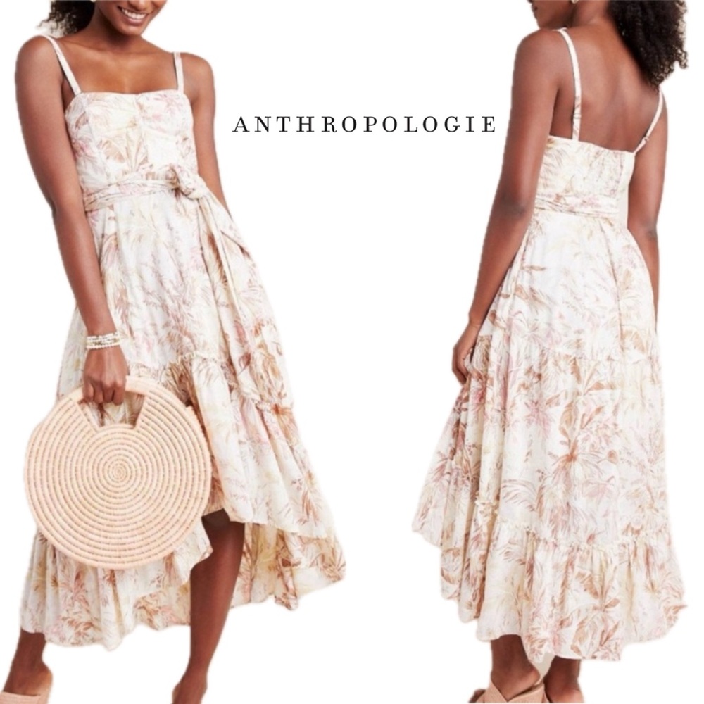 Anthropologie Adriana high low flounced strapless cream tropical palm midi dress